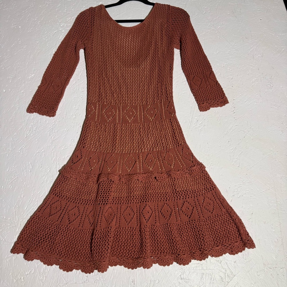 Moda International Elegant Rust Knit/Crochet Vintage y2k Dress Festival Boho